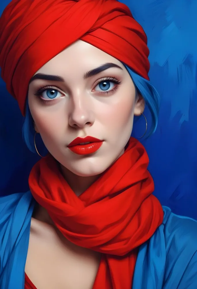 Digital Painting A Caucasian Woman 23 Years Old Blue Hair Red Lips And Blue Turban Red Eyes With A Blue Silk Background Bold And Slim Lines Brush Strokes 20 08c2