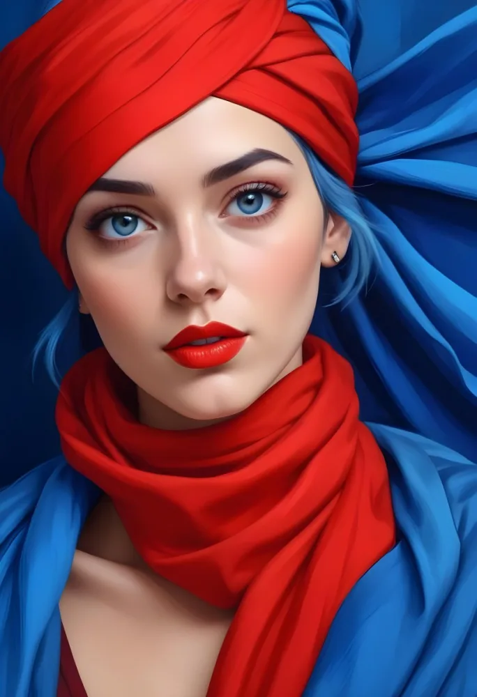Digital Painting A Caucasian Woman 23 Years Old Blue Hair Red Lips And Blue Turban Red Eyes With A Blue Silk Background Bold And Slim Lines Brush Strokes 21 6ab0