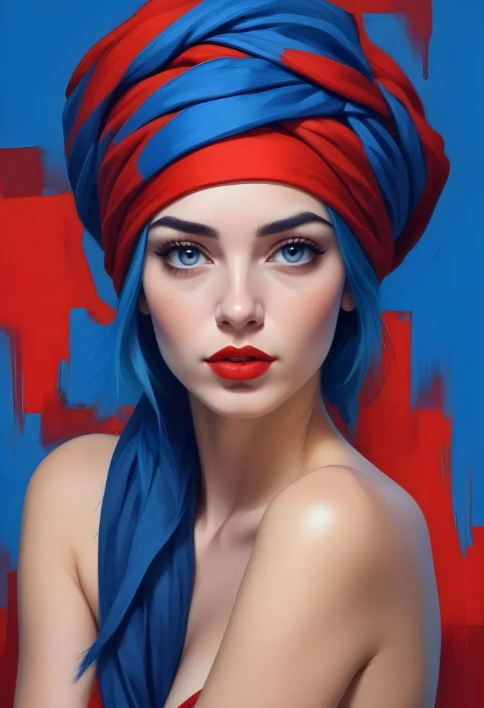 Digital Painting A Caucasian Woman 23 Years Old Blue Hair Red Lips And Blue Turban Red Eyes With A Blue Silk Background Bold And Slim Lines Brush Strokes 22 A1ad
