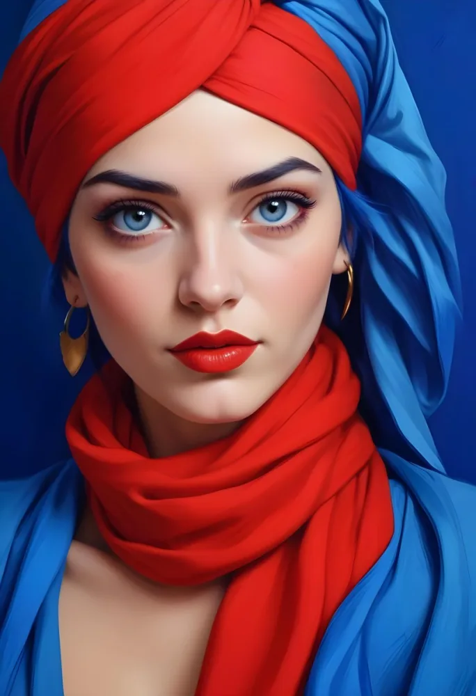 Digital Painting A Caucasian Woman 23 Years Old Blue Hair Red Lips And Blue Turban Red Eyes With A Blue Silk Background Bold And Slim Lines Brush Strokes 23 B734