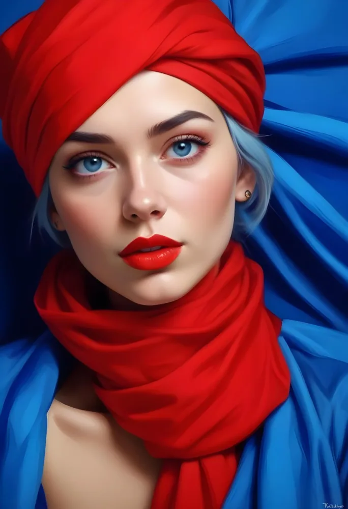 Digital Painting A Caucasian Woman 23 Years Old Blue Hair Red Lips And Blue Turban Red Eyes With A Blue Silk Background Bold And Slim Lines Brush Strokes 3 B1bf
