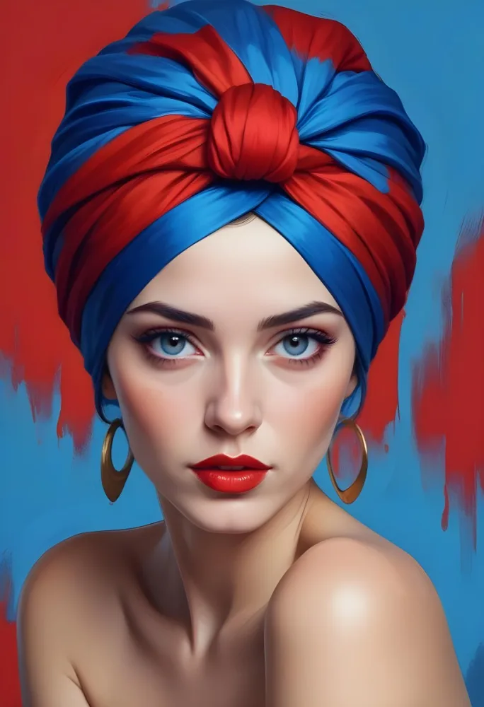 Digital Painting A Caucasian Woman 23 Years Old Blue Hair Red Lips And Blue Turban Red Eyes With A Blue Silk Background Bold And Slim Lines Brush Strokes 37 5230