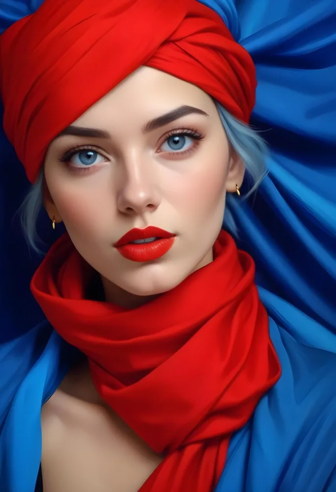 Digital Painting A Caucasian Woman 23 Years Old Blue Hair Red Lips And Blue Turban Red Eyes With A Blue Silk Background Bold And Slim Lines Brush Strokes 38 1020