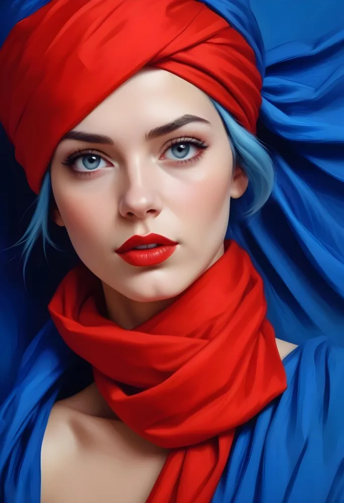 Digital Painting A Caucasian Woman 23 Years Old Blue Hair Red Lips And Blue Turban Red Eyes With A Blue Silk Background Bold And Slim Lines Brush Strokes 8 3e2d