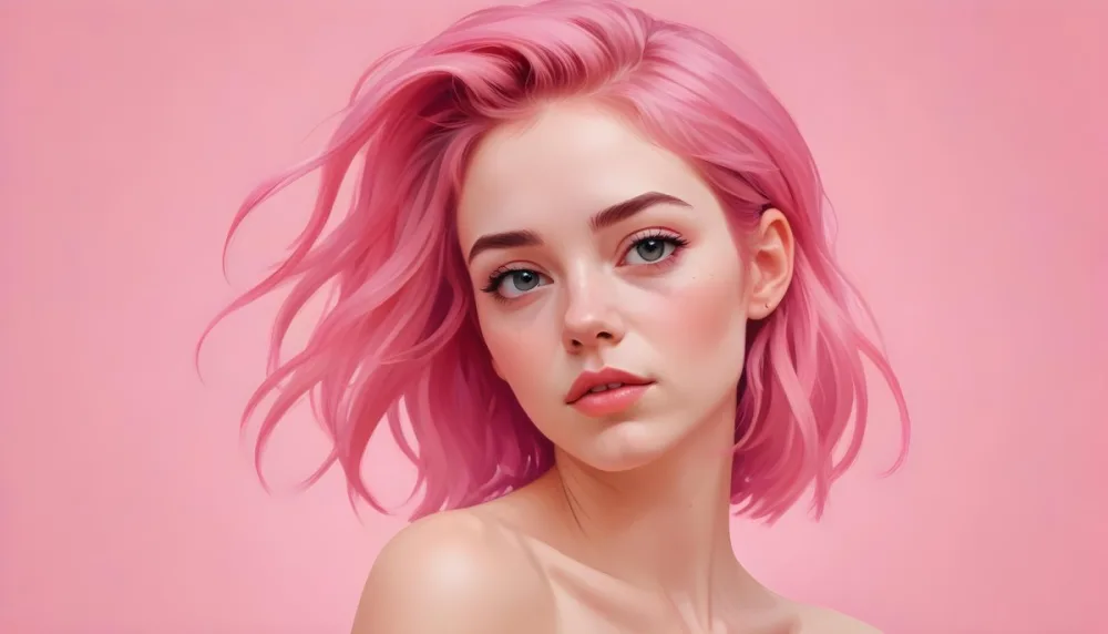 Digital Painting A Caucasian Woman 23 Years Old Pink Hair Pink Background Bold And Slim Lines Brush Strokes 10 6cbb