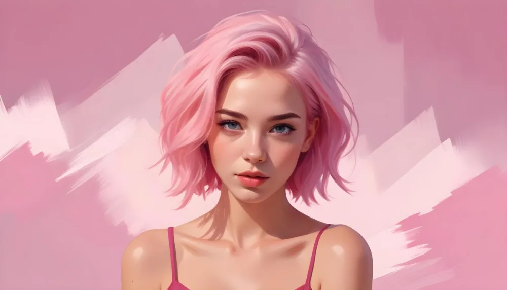 Digital Painting A Caucasian Woman 23 Years Old Pink Hair Pink Background Bold And Slim Lines Brush Strokes 12 D9ee
