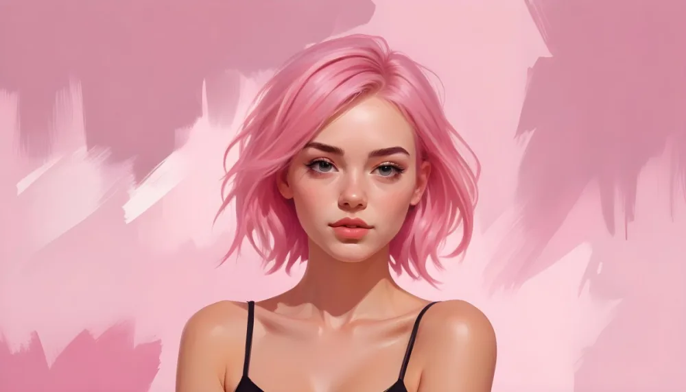 Digital Painting A Caucasian Woman 23 Years Old Pink Hair Pink Background Bold And Slim Lines Brush Strokes 16 Ab7a