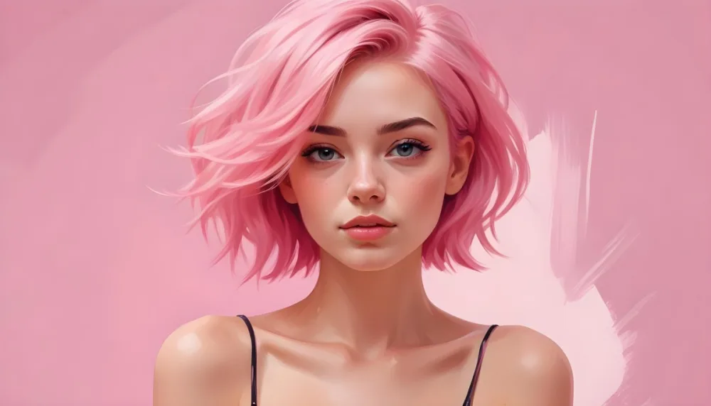 Digital Painting A Caucasian Woman 23 Years Old Pink Hair Pink Background Bold And Slim Lines Brush Strokes 2 1f76