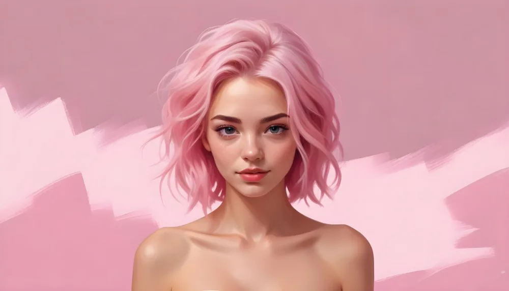 Digital Painting A Caucasian Woman 23 Years Old Pink Hair Pink Background Bold And Slim Lines Brush Strokes 7 C1de