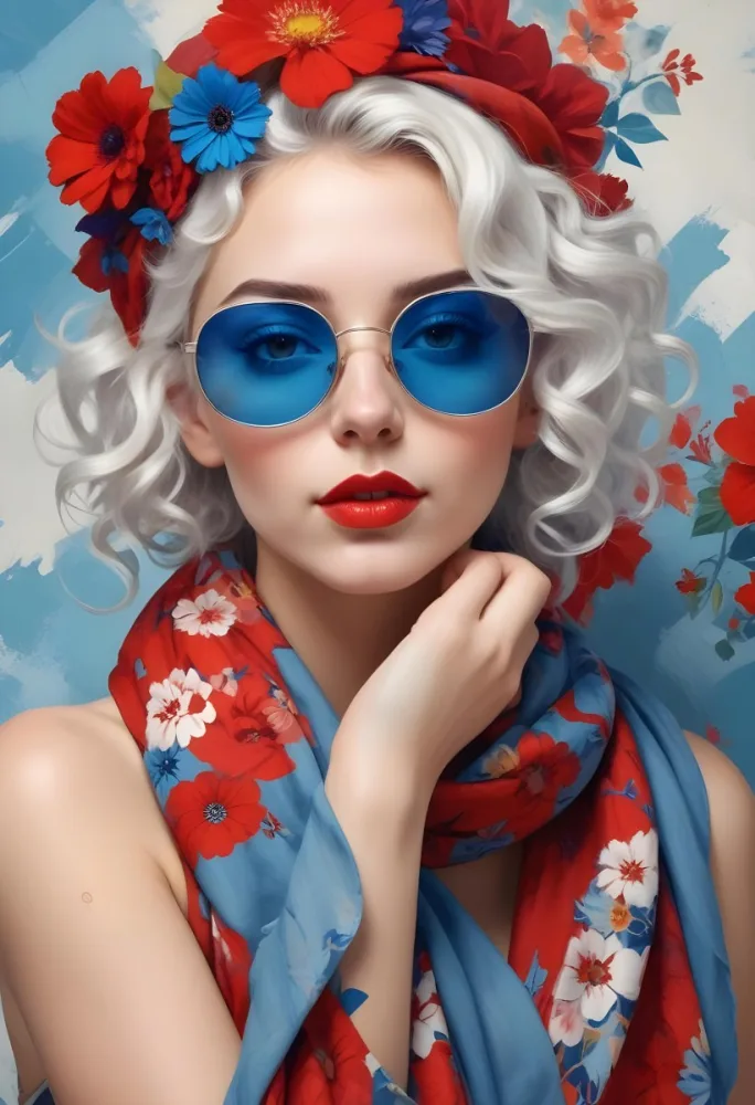 Digital Painting A Caucasian Woman 23 Years Old White Curly Hair Blue Sunglasses Red Lips Flowers Painted On Her Face Floral Scarf Studio Background Bold And Slim Lines Brush Strokes 11 9ee5