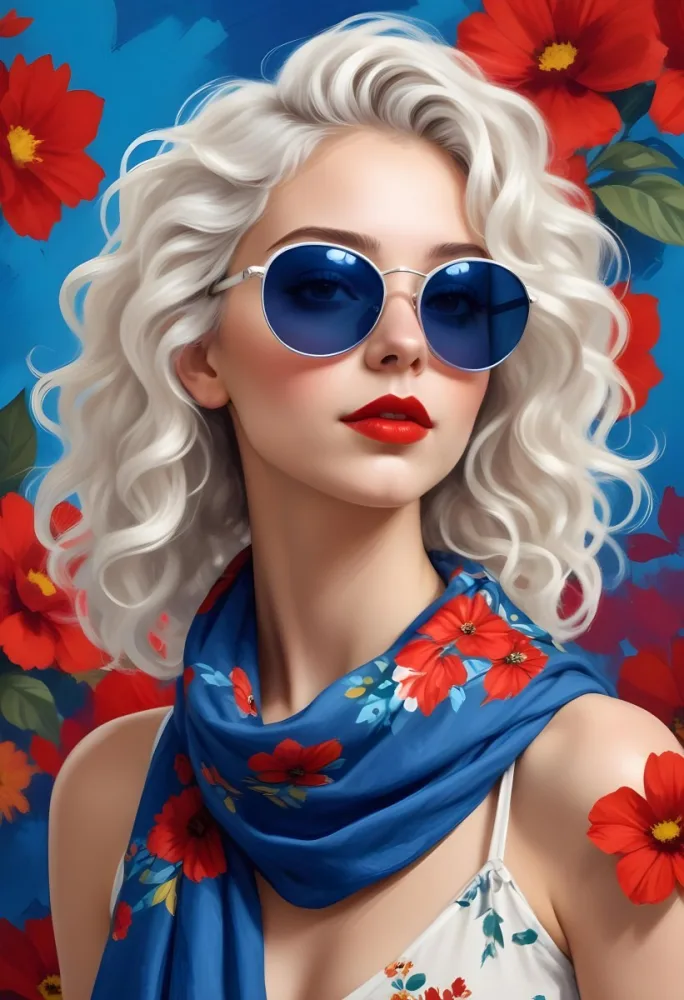 Digital Painting A Caucasian Woman 23 Years Old White Curly Hair Blue Sunglasses Red Lips Flowers Painted On Her Face Floral Scarf Studio Background Bold And Slim Lines Brush Strokes 14 7725