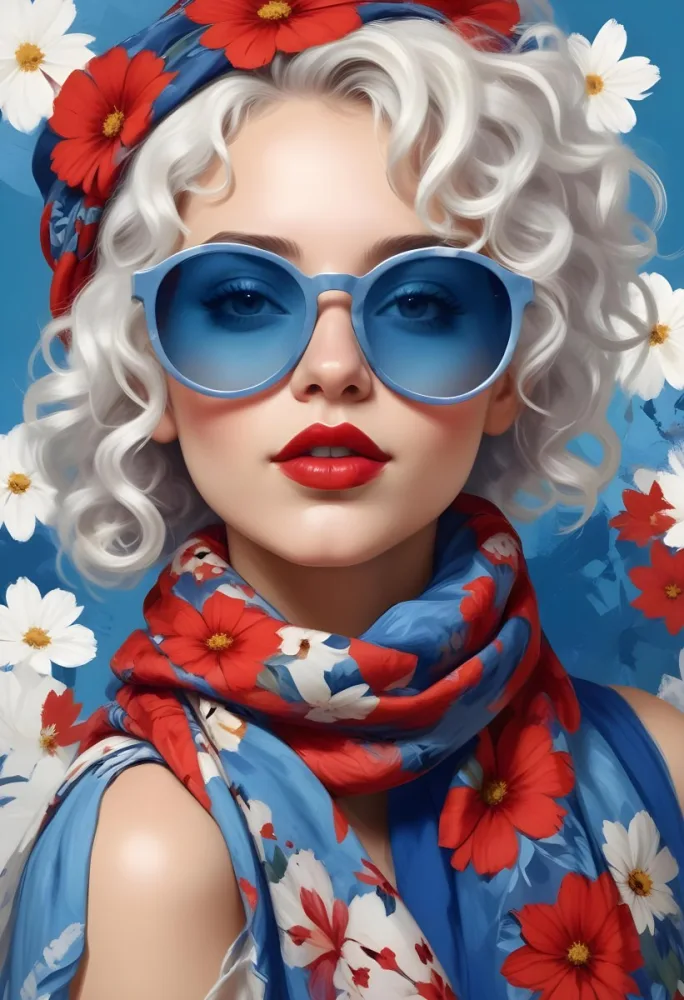 Digital Painting A Caucasian Woman 23 Years Old White Curly Hair Blue Sunglasses Red Lips Flowers Painted On Her Face Floral Scarf Studio Background Bold And Slim Lines Brush Strokes 20 F817