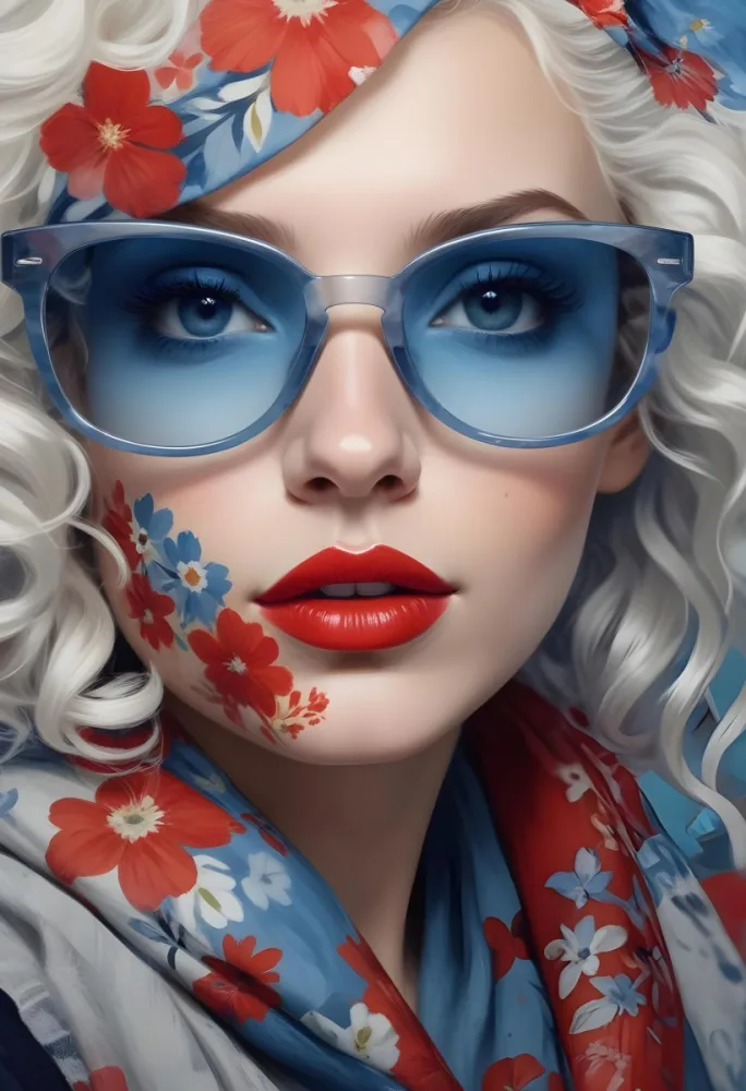 Digital Painting A Caucasian Woman 23 Years Old White Curly Hair Blue Sunglasses Red Lips Flowers Painted On Her Face Floral Scarf Studio Background Bold And Slim Lines Brush Strokes 26 44f4