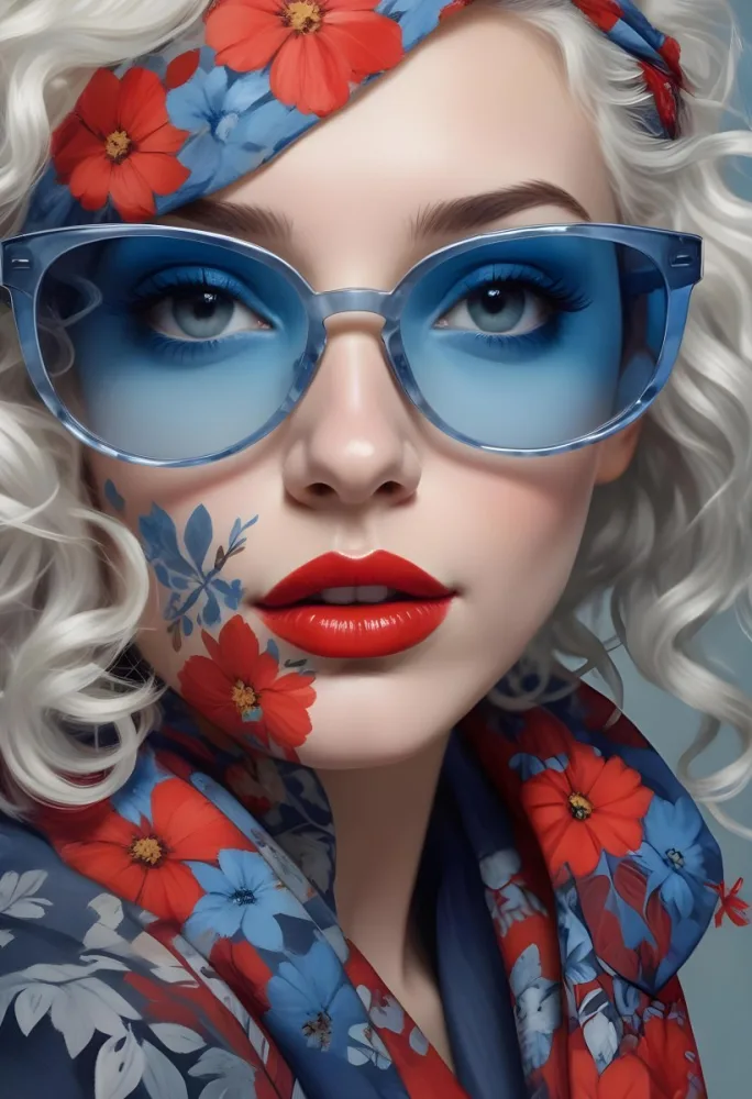 Digital Painting A Caucasian Woman 23 Years Old White Curly Hair Blue Sunglasses Red Lips Flowers Painted On Her Face Floral Scarf Studio Background Bold And Slim Lines Brush Strokes 28 C3c4