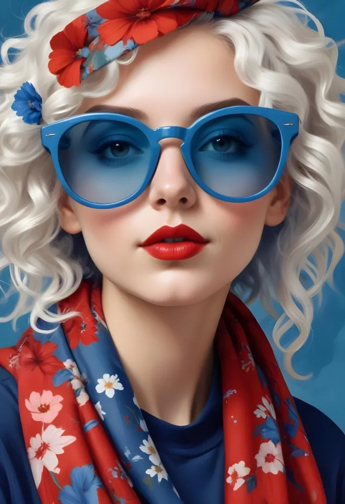 Digital Painting A Caucasian Woman 23 Years Old White Curly Hair Blue Sunglasses Red Lips Flowers Painted On Her Face Floral Scarf Studio Background Bold And Slim Lines Brush Strokes 29 2951