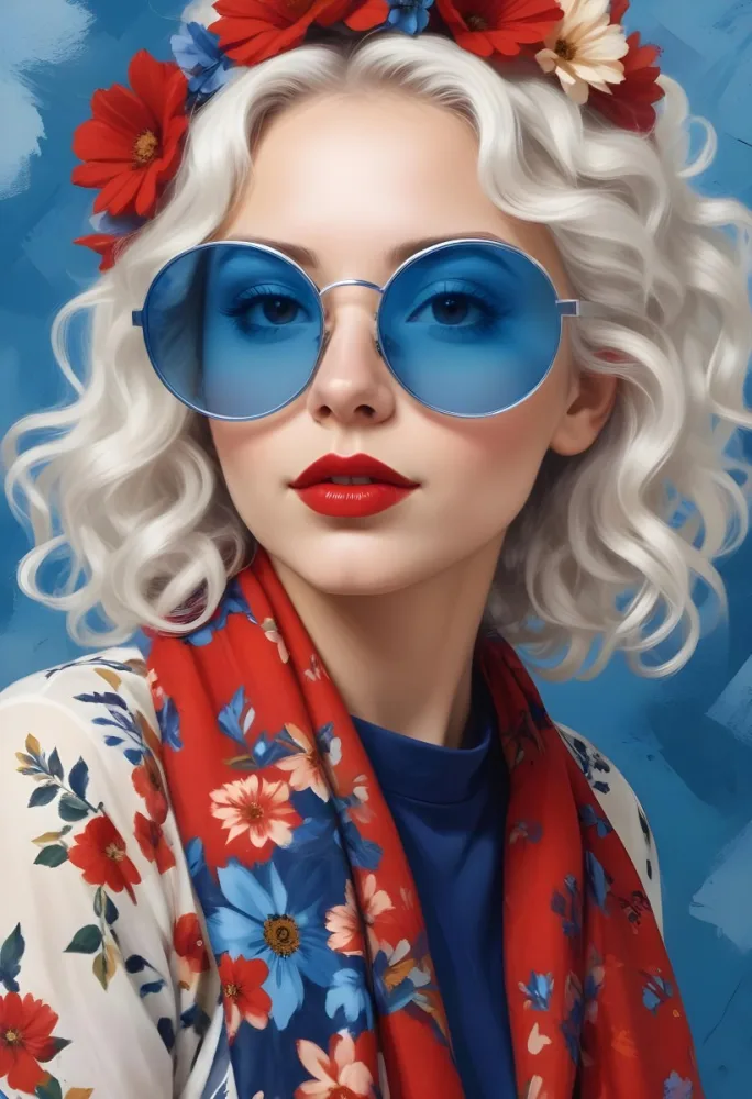 Digital Painting A Caucasian Woman 23 Years Old White Curly Hair Blue Sunglasses Red Lips Flowers Painted On Her Face Floral Scarf Studio Background Bold And Slim Lines Brush Strokes 4 20b2