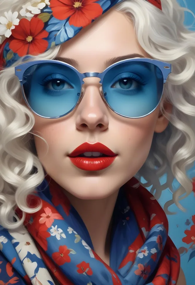 Digital Painting A Caucasian Woman 23 Years Old White Curly Hair Blue Sunglasses Red Lips Flowers Painted On Her Face Floral Scarf Studio Background Bold And Slim Lines Brush Strokes 7 19ba