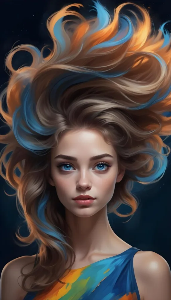 Digital Painting A Caucasian Woman 23 Years Old With Long Wavy Hair Dyed With Blue Light Skin Blue Eyes Wearing Makeup In A Dark Background Bold And Slim Lines Brush Strokes 15 71e0