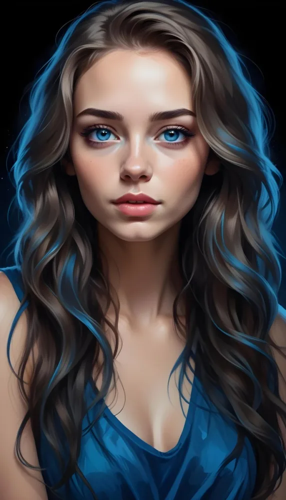 Digital Painting A Caucasian Woman 23 Years Old With Long Wavy Hair Dyed With Blue Light Skin Blue Eyes Wearing Makeup In A Dark Background Bold And Slim Lines Brush Strokes 19 5137