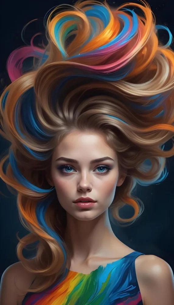 Digital Painting A Caucasian Woman 23 Years Old With Long Wavy Hair Dyed With Blue Light Skin Blue Eyes Wearing Makeup In A Dark Background Bold And Slim Lines Brush Strokes 2 23fb