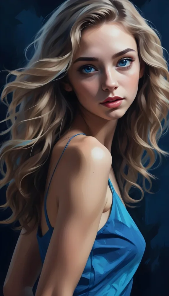 Digital Painting A Caucasian Woman 23 Years Old With Long Wavy Hair Dyed With Blue Light Skin Blue Eyes Wearing Makeup In A Dark Background Bold And Slim Lines Brush Strokes 23 B0ce