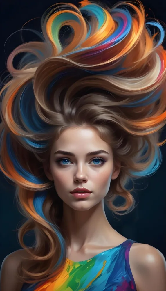 Digital Painting A Caucasian Woman 23 Years Old With Long Wavy Hair Dyed With Blue Light Skin Blue Eyes Wearing Makeup In A Dark Background Bold And Slim Lines Brush Strokes 6 82fa