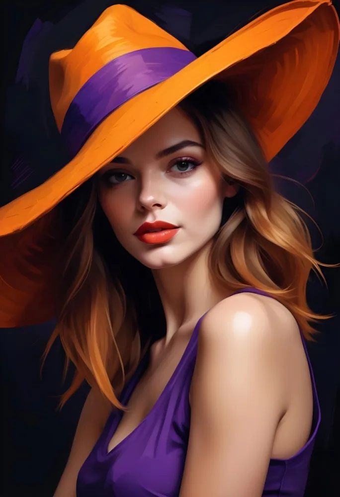 Digital Painting A Caucasian Woman 30 Years Old With Orange Lips And A Big Orange And Purple Hat In A Dark Background Bold And Slim Lines Brush Strokes 16 6d24