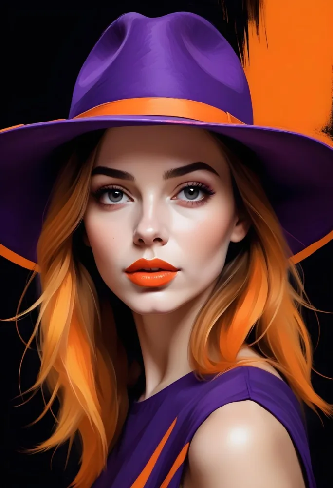 Digital Painting A Caucasian Woman 30 Years Old With Orange Lips And A Big Orange And Purple Hat In A Dark Background Bold And Slim Lines Brush Strokes 28 D132