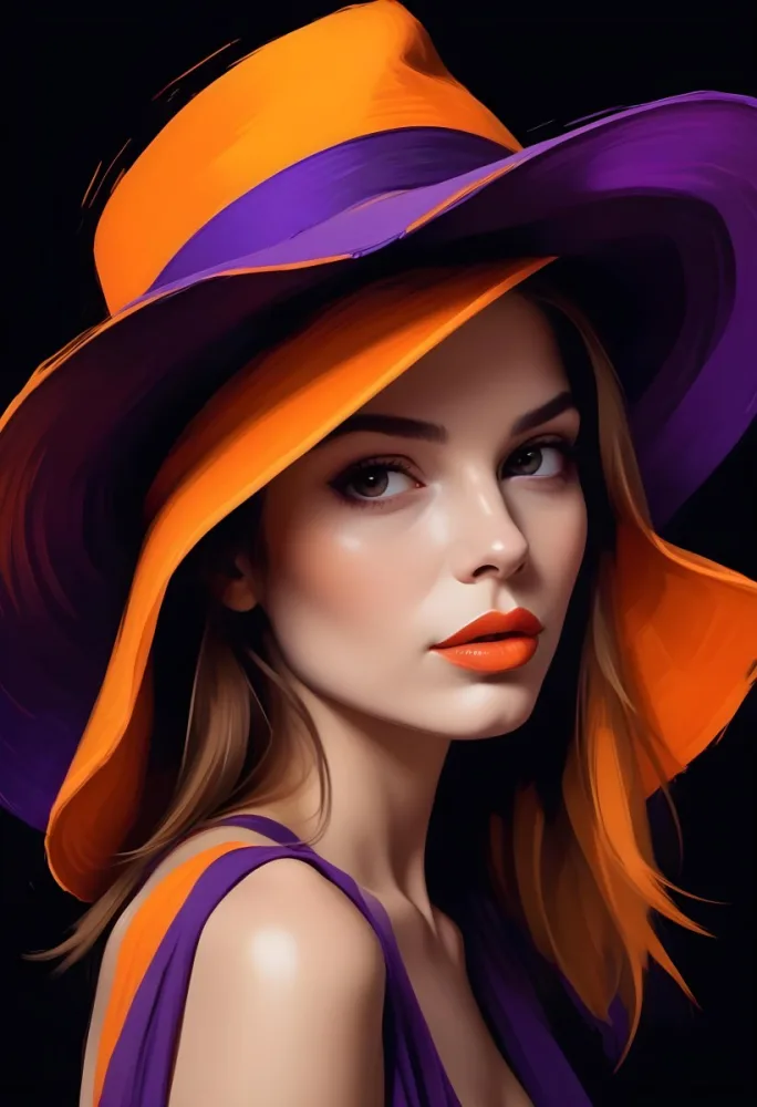 Digital Painting A Caucasian Woman 30 Years Old With Orange Lips And A Big Orange And Purple Hat In A Dark Background Bold And Slim Lines Brush Strokes 29 0e22
