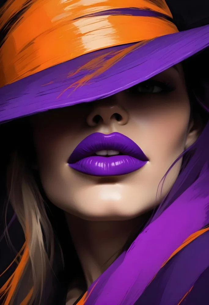 Digital Painting A Caucasian Woman 30 Years Old With Orange Lips And A Big Orange And Purple Hat In A Dark Background Bold And Slim Lines Brush Strokes 7 E1f8