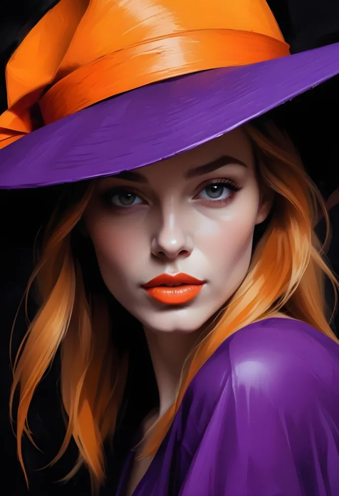 Digital Painting A Caucasian Woman 30 Years Old With Orange Lips And A Big Orange And Purple Hat In A Dark Background Bold And Slim Lines Brush Strokes 9 C65e
