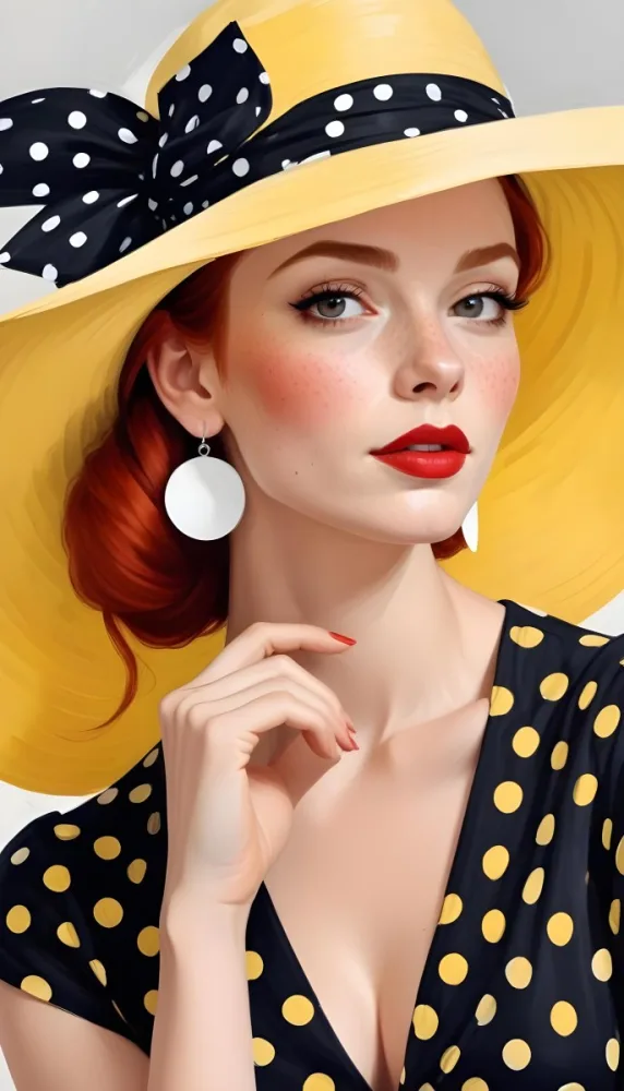 Digital Painting A Caucasian Woman Age 28 With Red Hair Wearing A White Hat And White Earrings In A Polka Dot Dress Light Skin Red Lips In A White Background Bold And Slim Lines Brush Strokes 12 4971
