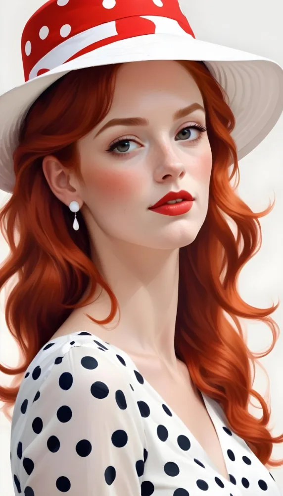 Digital Painting A Caucasian Woman Age 28 With Red Hair Wearing A White Hat And White Earrings In A Polka Dot Dress Light Skin Red Lips In A White Background Bold And Slim Lines Brush Strokes 3 E2e1