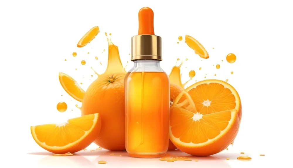 Digital Painting A Clear Glass Dropper Bottle Filled With Orange Liquid Surrounded By Whole And Sliced Oranges The Background Features Droplets Of Liquid And A Soft Bright Ambiance Bold And Slim Lines Brush Stroke 15 87f5