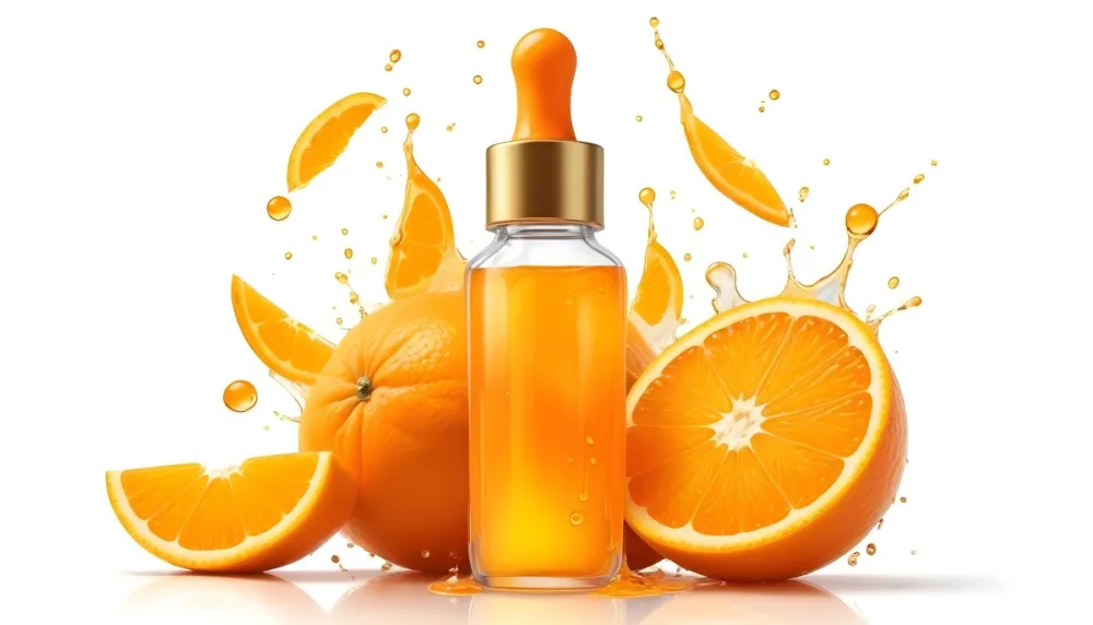 Digital Painting A Clear Glass Dropper Bottle Filled With Orange Liquid Surrounded By Whole And Sliced Oranges The Background Features Droplets Of Liquid And A Soft Bright Ambiance Bold And Slim Lines Brush Stroke 25 D47a