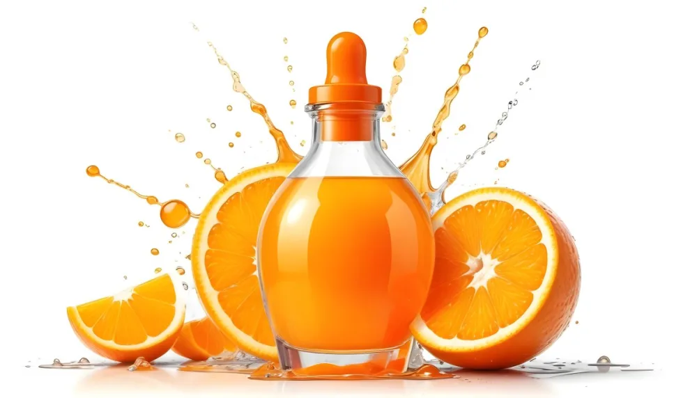 Digital Painting A Clear Glass Dropper Bottle Filled With Orange Liquid Surrounded By Whole And Sliced Oranges The Background Features Droplets Of Liquid And A Soft Bright Ambiance Bold And Slim Lines Brush Stroke 5 Cdb7