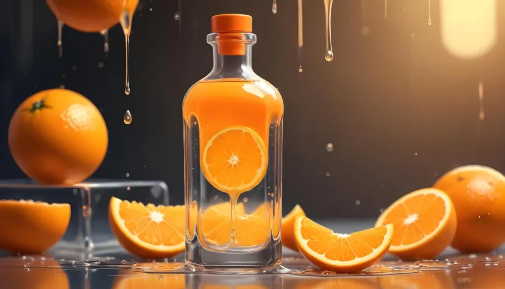 Digital Painting A Clear Glass Dropper Bottle Filled With Orange Liquid Surrounded By Whole And Sliced Oranges The Background Features Droplets Of Liquid And A Soft Bright Ambiance Bold And Slim Lines Brush Stroke 8 B38a