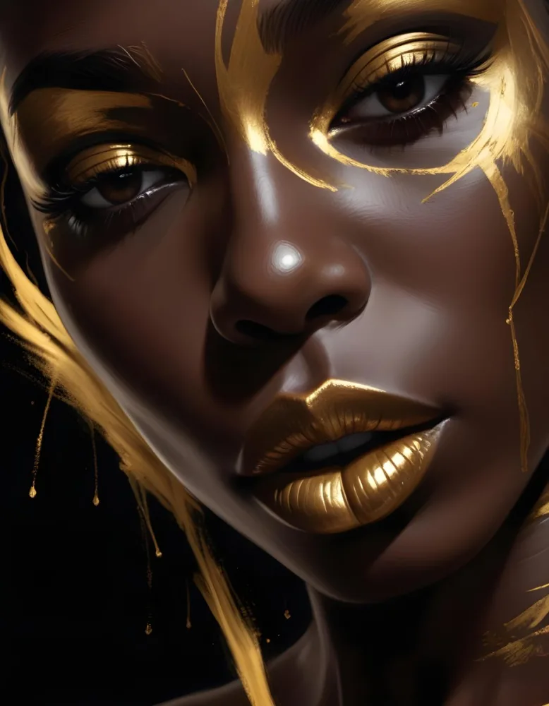 Digital Painting A Close Up Of A Black Woman With Dark Skin Featuring Gold Face Paint Accentuating Her Lips And Cheekbones The Background Is Dark Enhancing The Golden Elements On Her Face Bold And Slim Lines Brus 11 0fae
