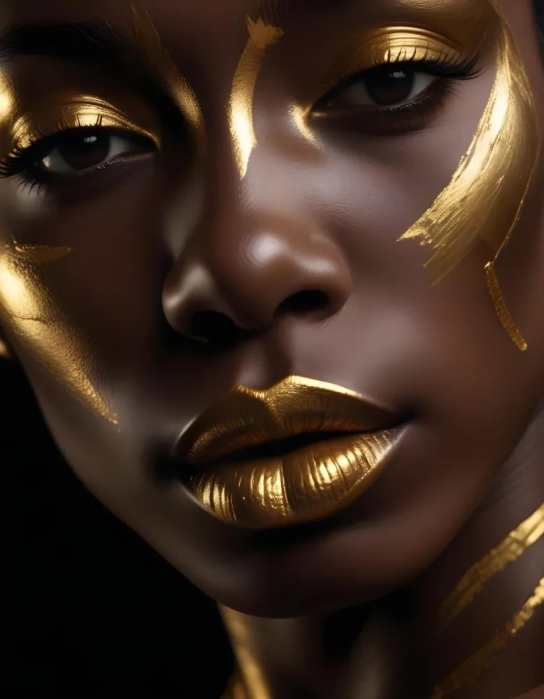 Digital Painting A Close Up Of A Black Woman With Dark Skin Featuring Gold Face Paint Accentuating Her Lips And Cheekbones The Background Is Dark Enhancing The Golden Elements On Her Face Bold And Slim Lines Brus 21 F4ac