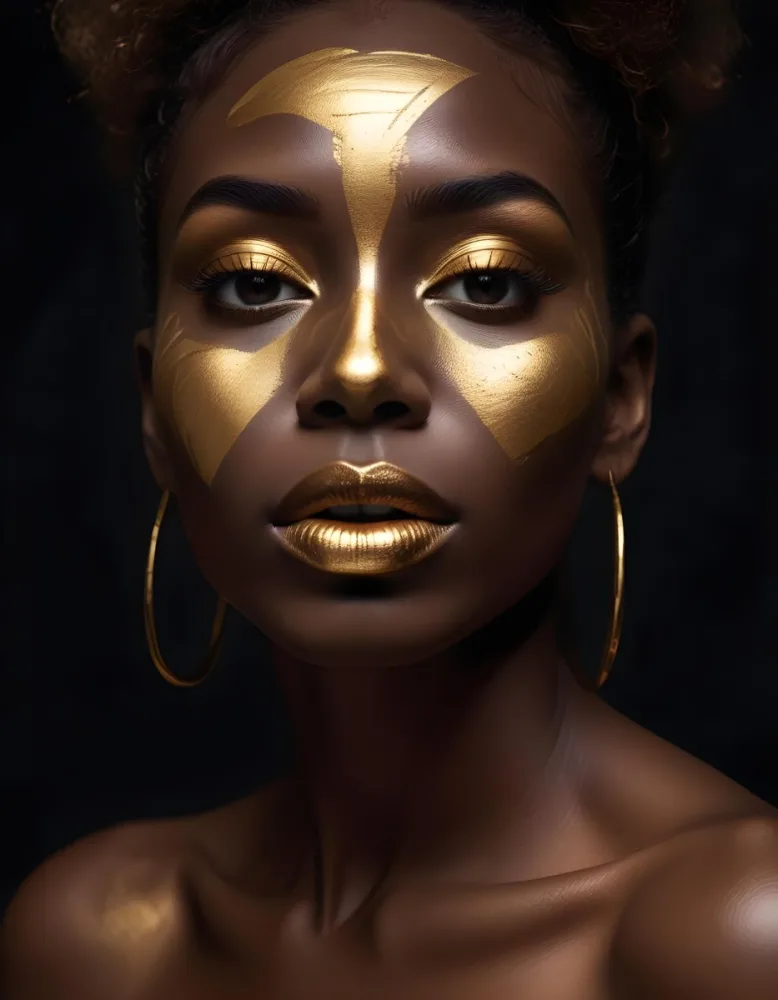 Digital Painting A Close Up Of A Black Woman With Dark Skin Featuring Gold Face Paint Accentuating Her Lips And Cheekbones The Background Is Dark Enhancing The Golden Elements On Her Face Bold And Slim Lines Brus 3 8162