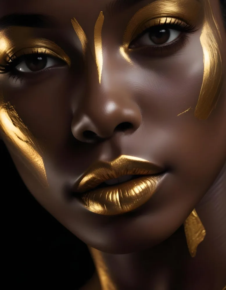 Digital Painting A Close Up Of A Black Woman With Dark Skin Featuring Gold Face Paint Accentuating Her Lips And Cheekbones The Background Is Dark Enhancing The Golden Elements On Her Face Bold And Slim Lines Brush 1 Cceb