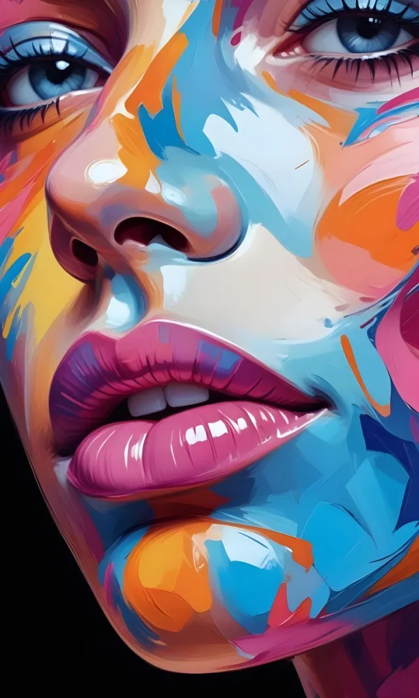 Digital Painting A Close Up Of A Colorful Abstract Face With Vibrant Swirling Patterns Of Pink Blue And Orange Hues The Lips Are Prominent And Appear To Be Slightly Parted Creating An Emotive Expression Bo 15 8059