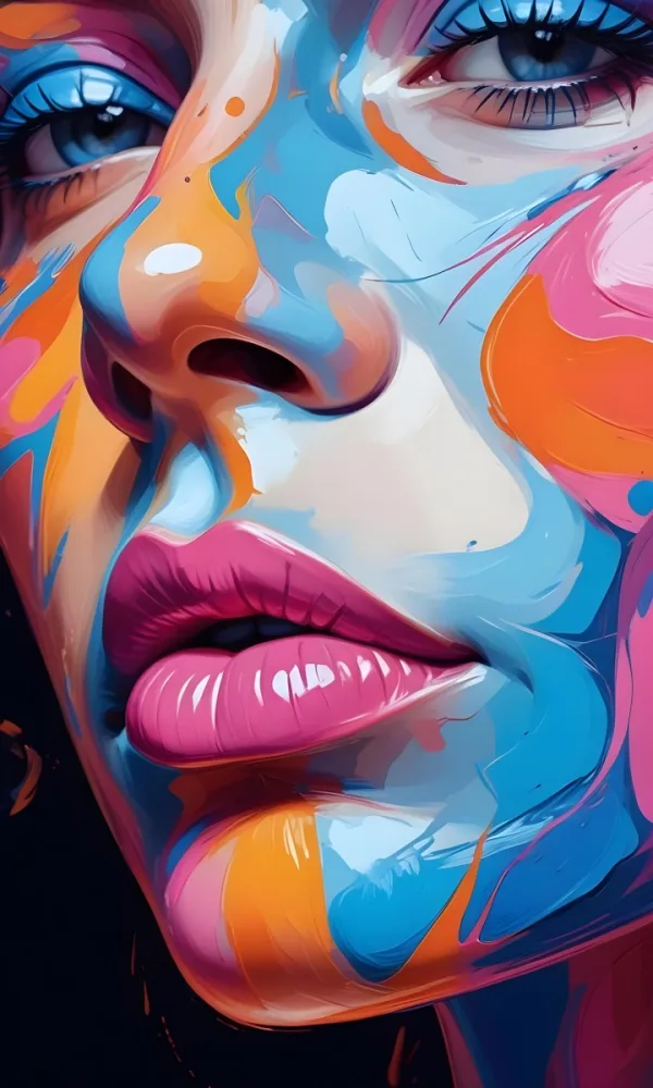 Digital Painting A Close Up Of A Colorful Abstract Face With Vibrant Swirling Patterns Of Pink Blue And Orange Hues The Lips Are Prominent And Appear To Be Slightly Parted Creating An Emotive Expression Bo 19 Dfb6