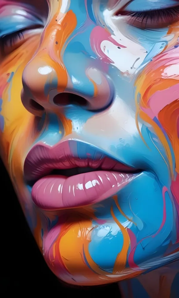 Digital Painting A Close Up Of A Colorful Abstract Face With Vibrant Swirling Patterns Of Pink Blue And Orange Hues The Lips Are Prominent And Appear To Be Slightly Parted Creating An Emotive Expression Bo 26 950a