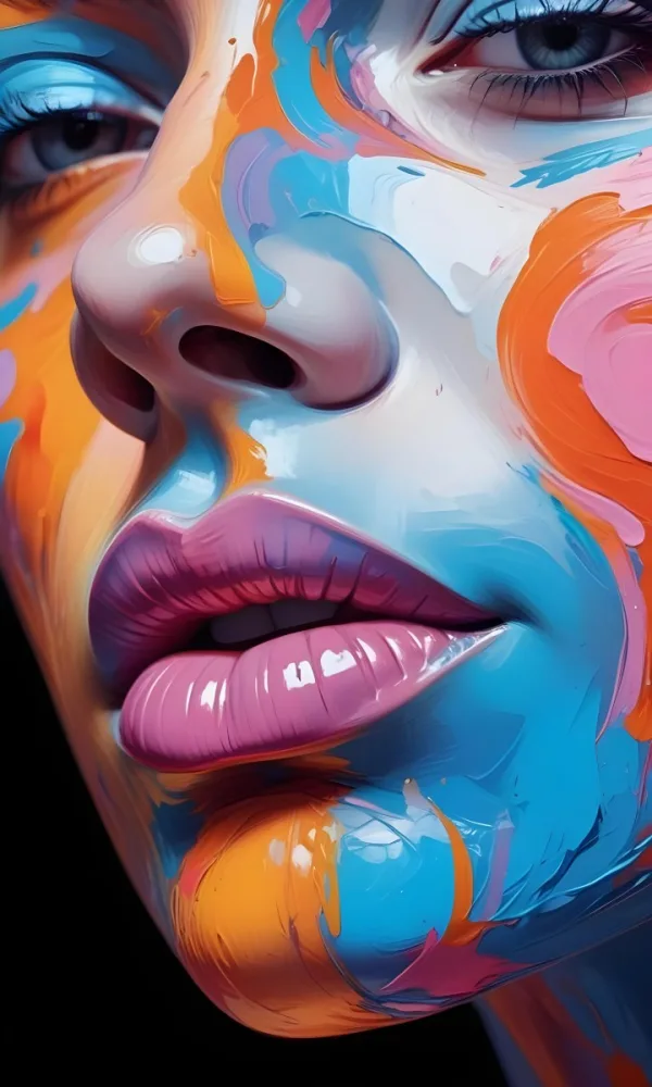 Digital Painting A Close Up Of A Colorful Abstract Face With Vibrant Swirling Patterns Of Pink Blue And Orange Hues The Lips Are Prominent And Appear To Be Slightly Parted Creating An Emotive Expression Bo 36 A7ab