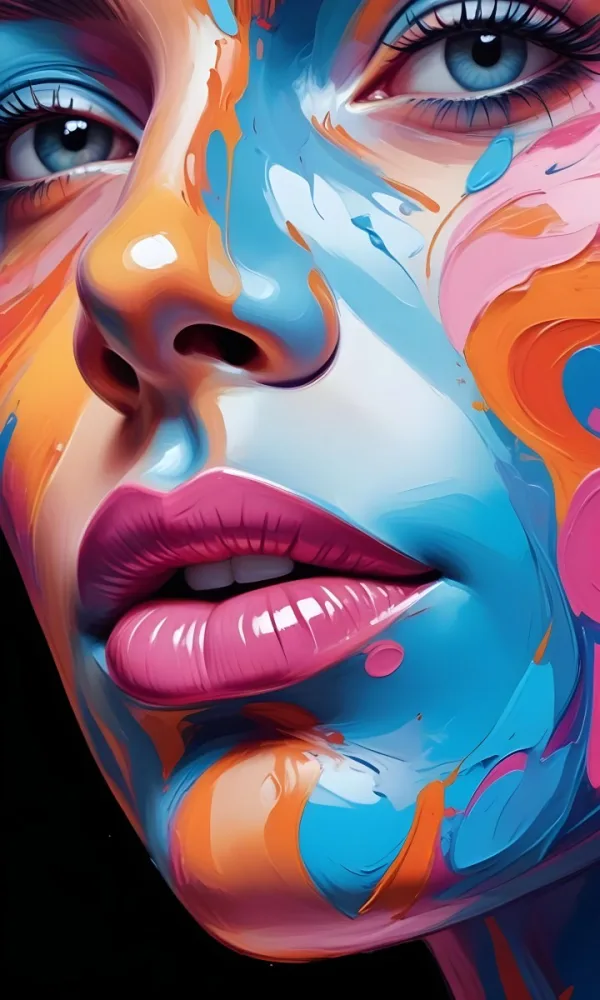Digital Painting A Close Up Of A Colorful Abstract Face With Vibrant Swirling Patterns Of Pink Blue And Orange Hues The Lips Are Prominent And Appear To Be Slightly Parted Creating An Emotive Expression Bo 38 Aa34