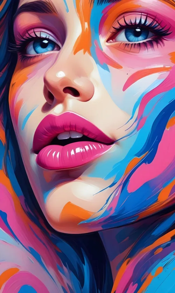 Digital Painting A Close Up Of A Colorful Abstract Face With Vibrant Swirling Patterns Of Pink Blue And Orange Hues The Lips Are Prominent And Appear To Be Slightly Parted Creating An Emotive Expression Bold And Sli 1 B471