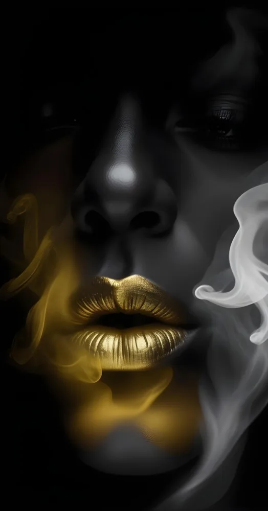 Digital Painting A Close Up Of A Dark Skinned Person S Face Focusing On The Nose And Lips The Lips Are Painted In A Metallic Gold Color While The Rest Of The Face Is In Black And White There Is A Swirl Of Yellow 3 B694