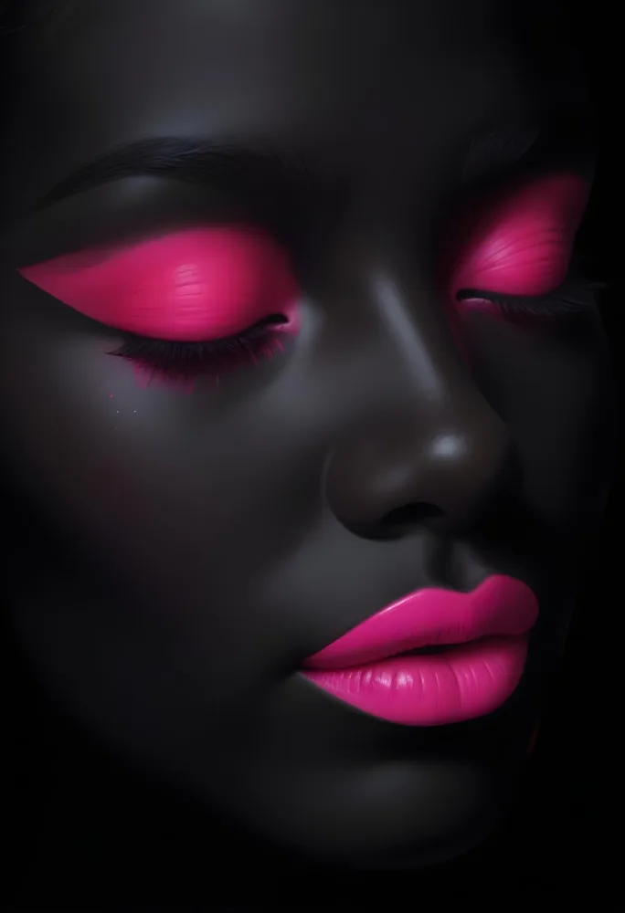 Digital Painting A Close Up Of A Face With A Completely Black Background The Skin Is Painted Black And The Eyes Are Closed With Bright Pink Eyeshadow The Lips Are Glossy And Painted In A Vibrant Pink Color Creating 11 9220
