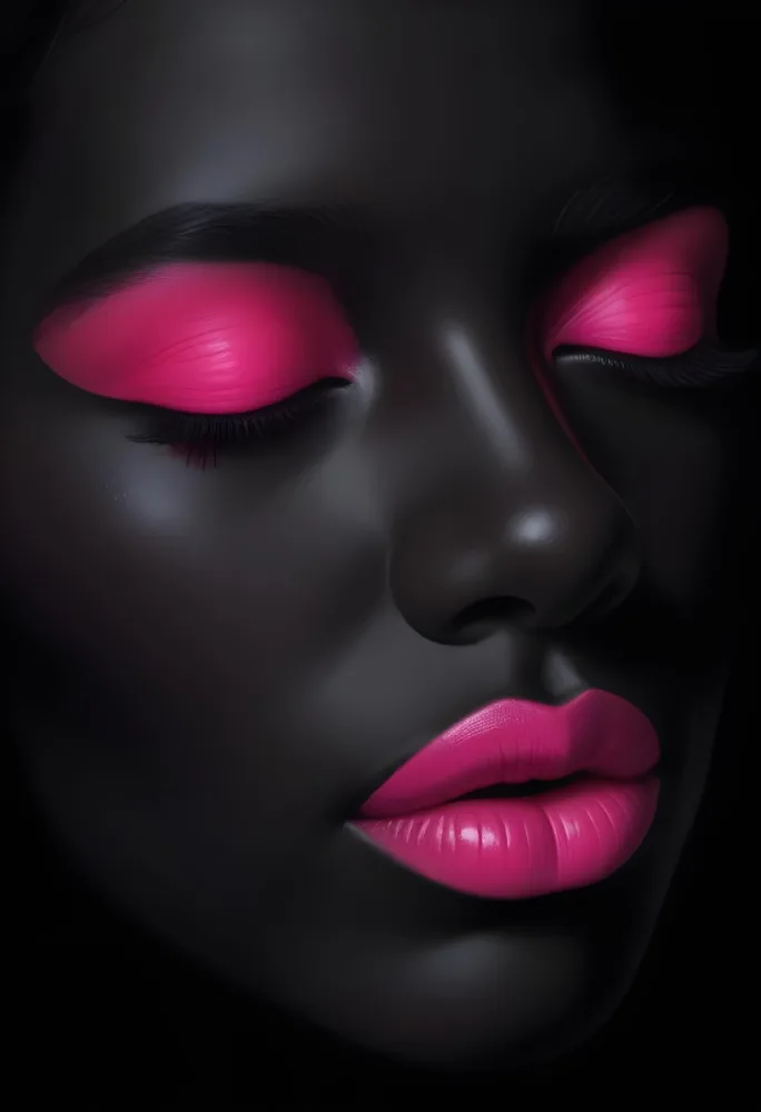 Digital Painting A Close Up Of A Face With A Completely Black Background The Skin Is Painted Black And The Eyes Are Closed With Bright Pink Eyeshadow The Lips Are Glossy And Painted In A Vibrant Pink Color Creating 13 F48e